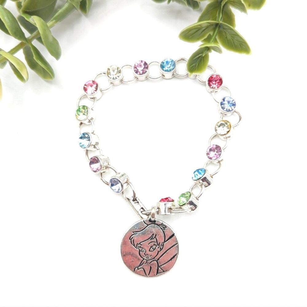 Tinkerbell Disney Silver Tone Pastel Rhinestone Chunky Charm Bracelet 7"